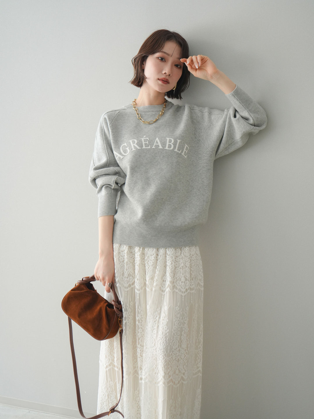 [予約]半ラバープリントロゴスウェットライクニットプルオーバー/mokugray