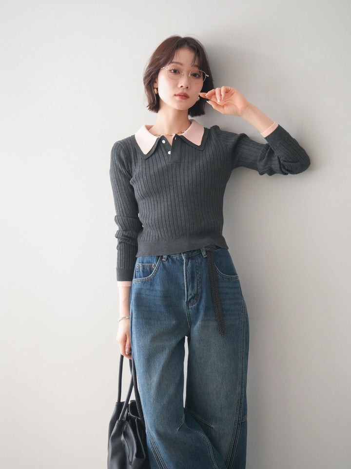 [予約]ダブル襟ポロリブニットトップス/charcoalgray