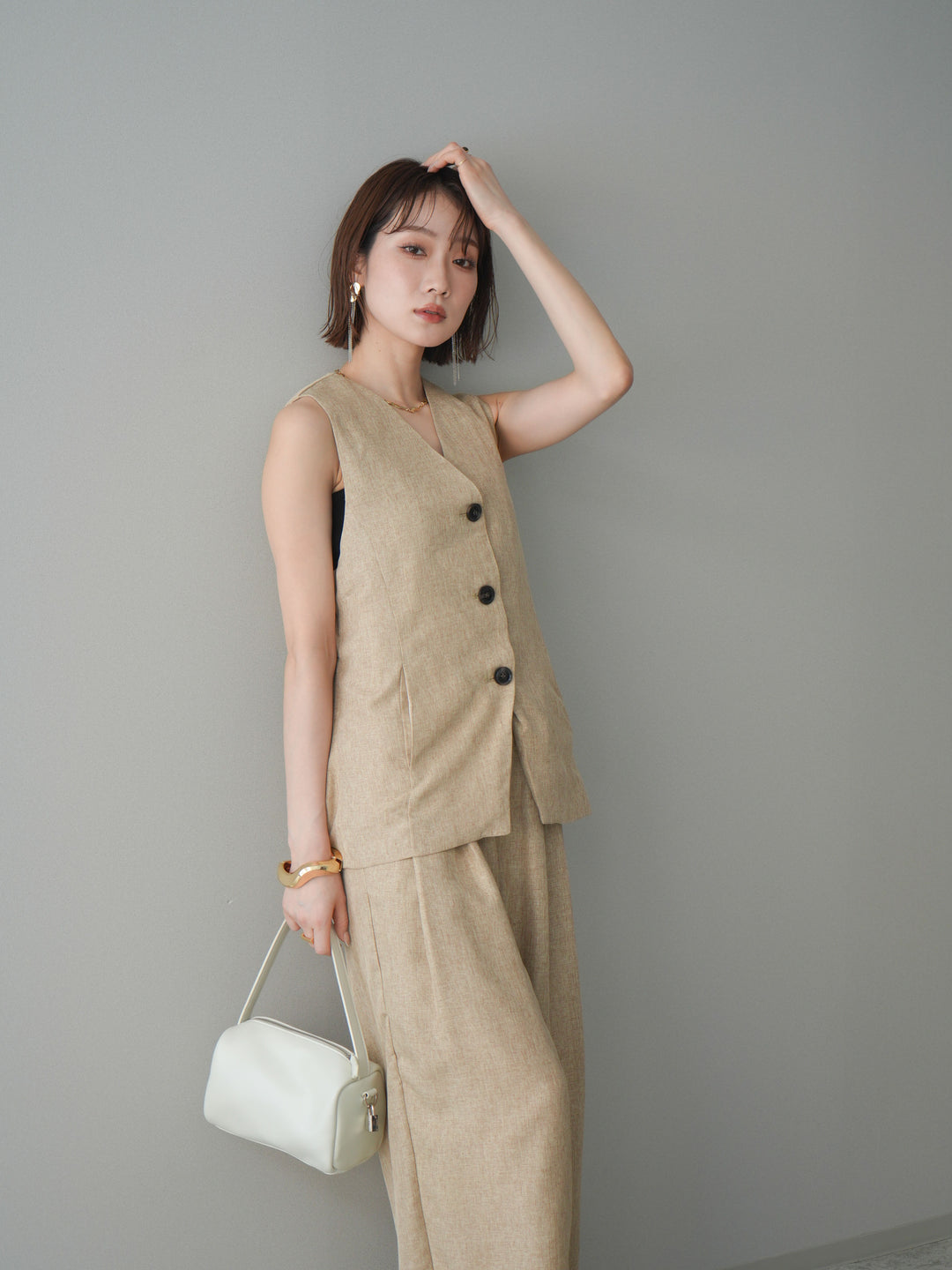 [SET]リネンライクバックオープンジレ+リネンライクタックワイドパンツ(2set)