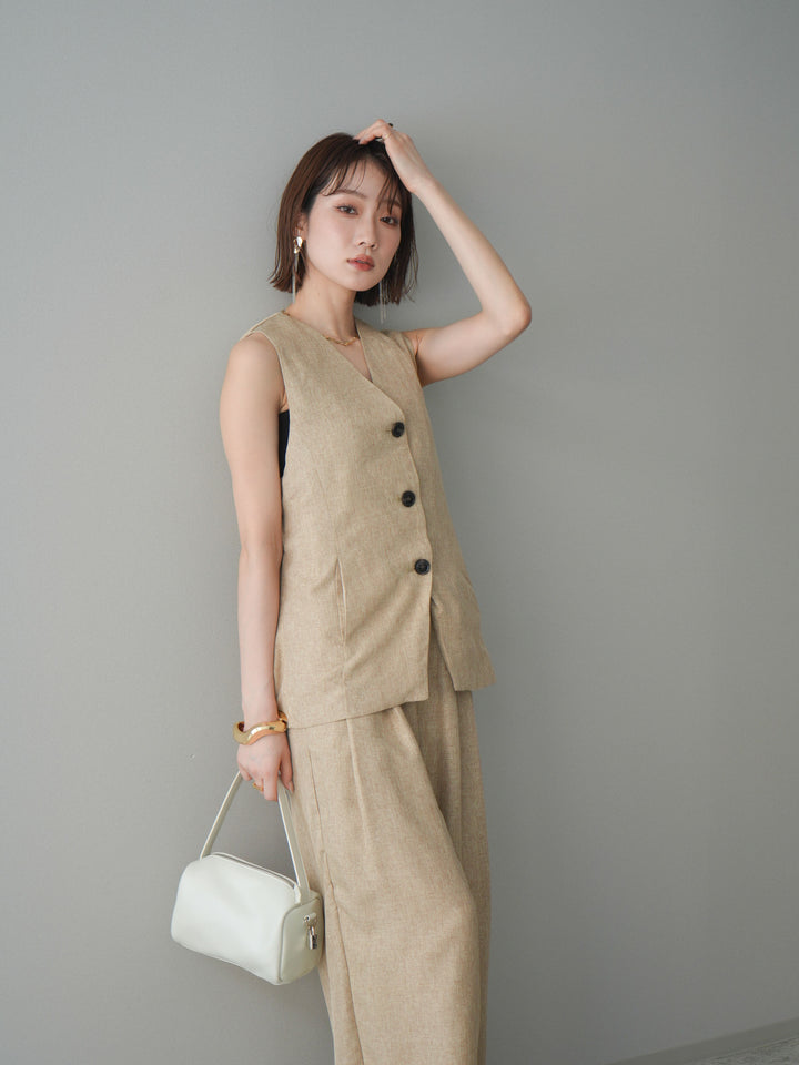 [SET]リネンライクバックオープンジレ+リネンライクタックワイドパンツ(2set)