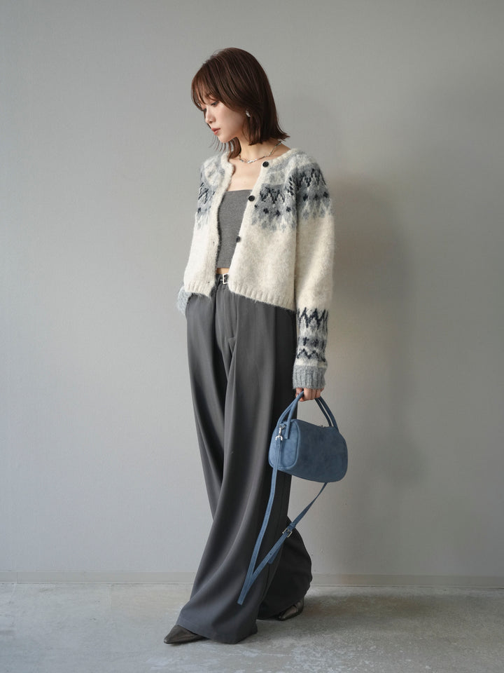 【着回しセット】[SET]求心柄クロップドニットカーディガン+異素材ミックスヤーンニットプルオーバー+ベルトループデザインワイドパンツ(3set)