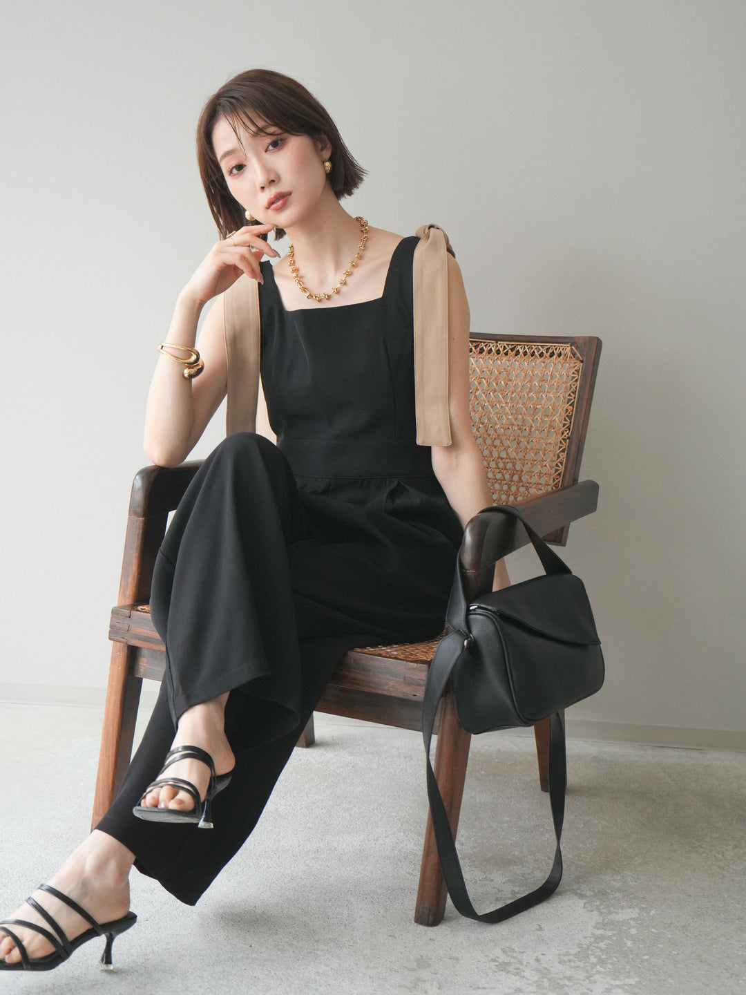 [予約]ショルダーリボンサロペット/black