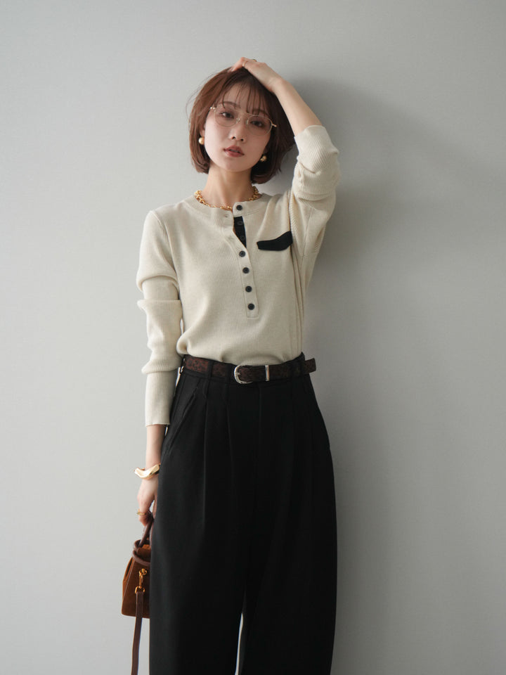 [SET]バイカラーデザインポケット配色ヘンリーネックニットソー+アニマル柄ベルト付きウールタッチワイドパンツ(2set)