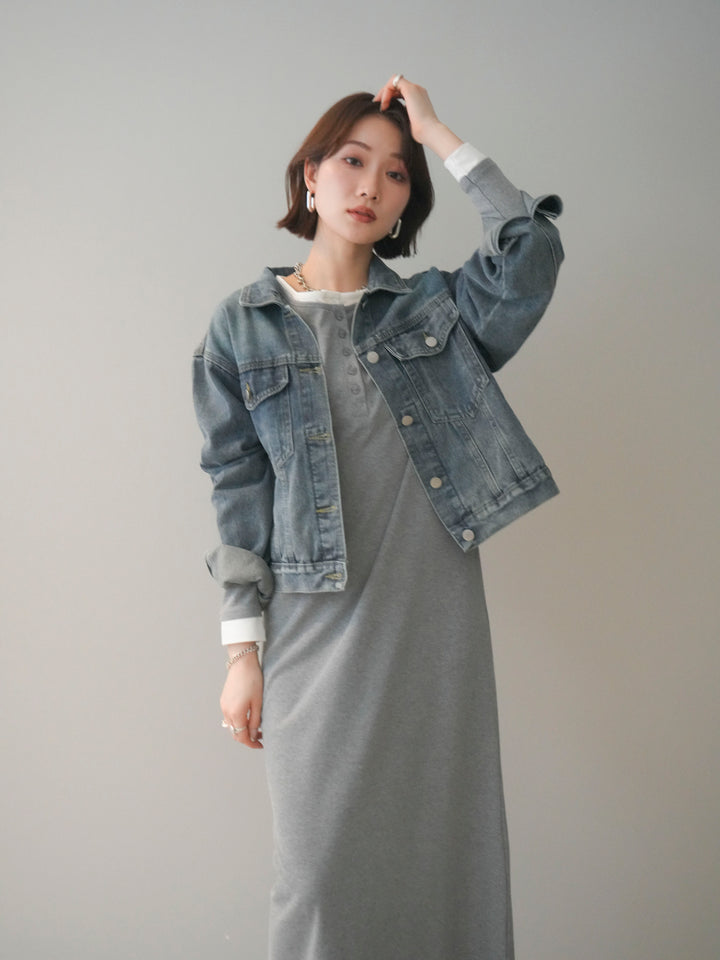 [SET]配色レイヤードヘンリーネックカットリブワンピース+配色ステッチデニムジャケット(2set)