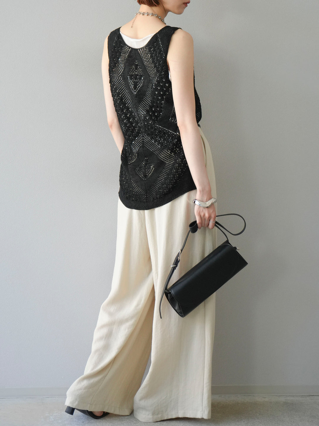 【預購】繩紋設計腰帶亞麻觸感寬褲/米色