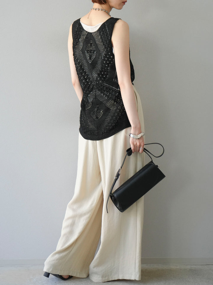 【預購】繩紋設計腰帶亞麻觸感寬褲/米色