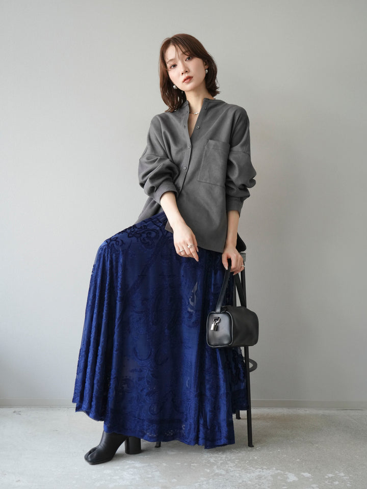 [SET]スエードバンドカラーオーバーシャツ+アンティーク柄フロッキーマキシスカート(2set)