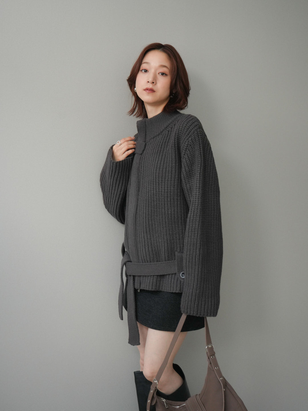 [SET]畦編みボトルネックZIPニットカーディガン+ウールタッチベルト付ミニスカート(2set)