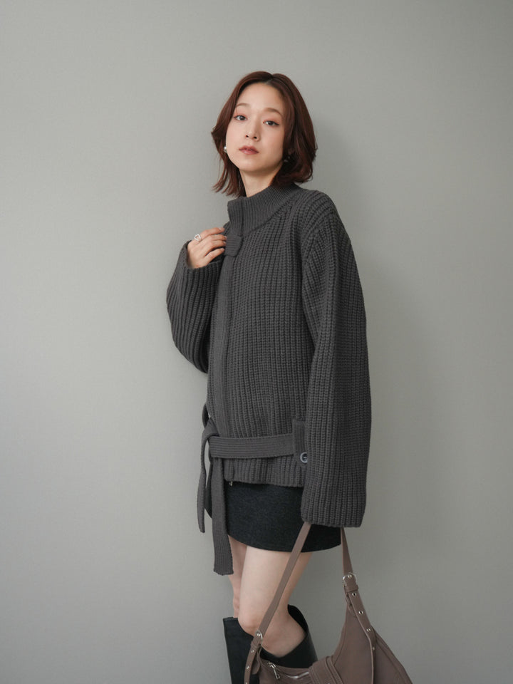 [SET]畦編みボトルネックZIPニットカーディガン+ウールタッチベルト付ミニスカート(2set)