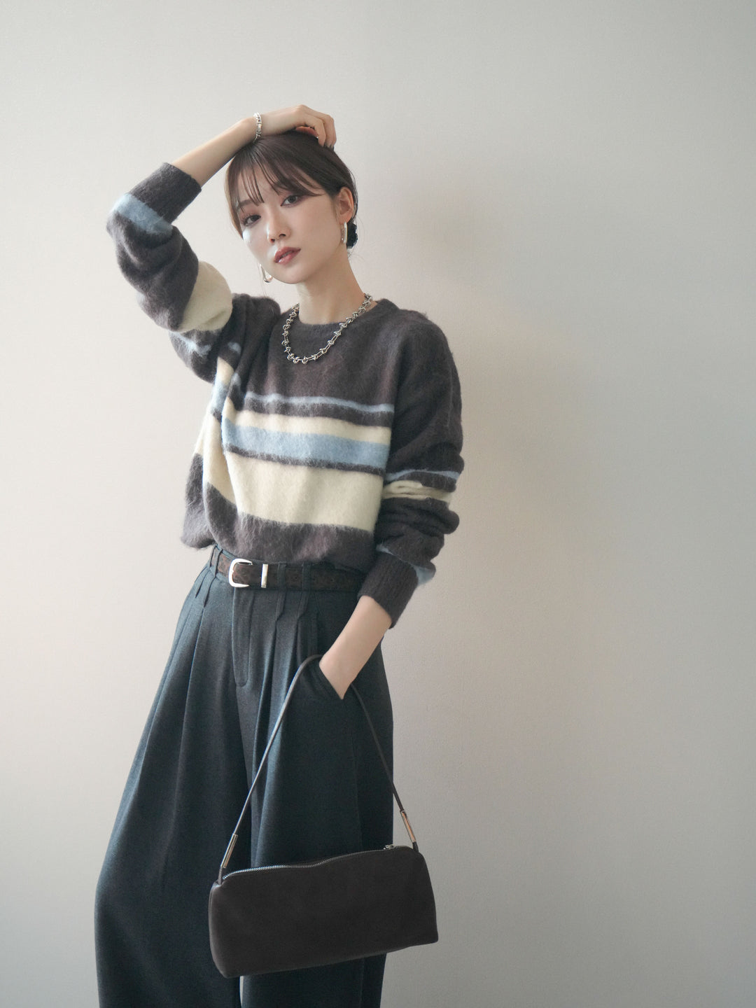 [予約]ソフトタッチボーダークロップドニットプルオーバー/brown