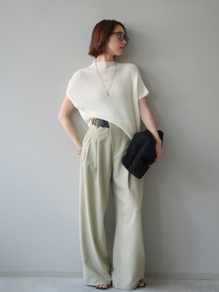 [SET]アシンメトリーローゲージニットトップス+アシンメトリーベルトタックワイドパンツ(2set)