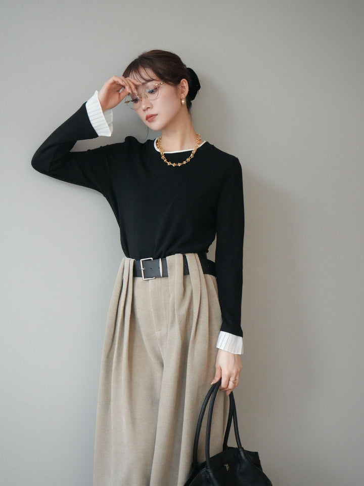 [予約]袖プリーツ配色レイヤードトップス/black