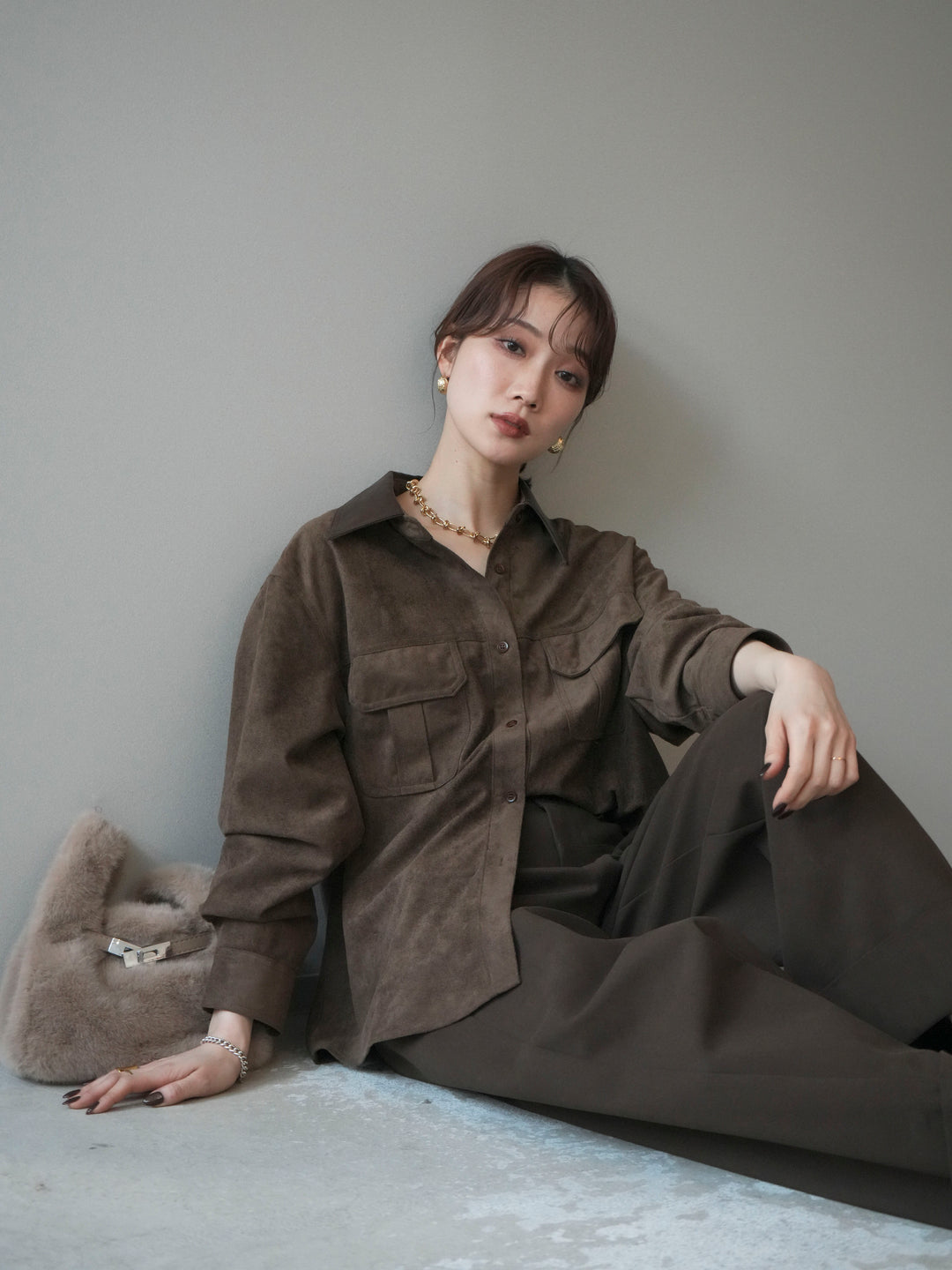 [予約]レザー襟スエードシャツ/khaki