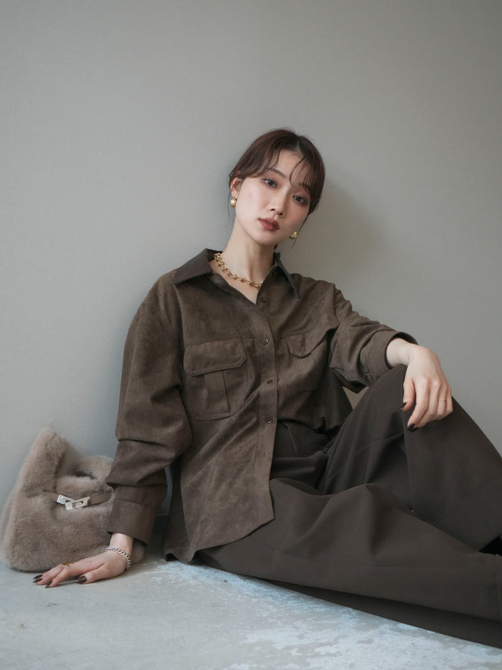 [予約]レザー襟スエードシャツ/khaki