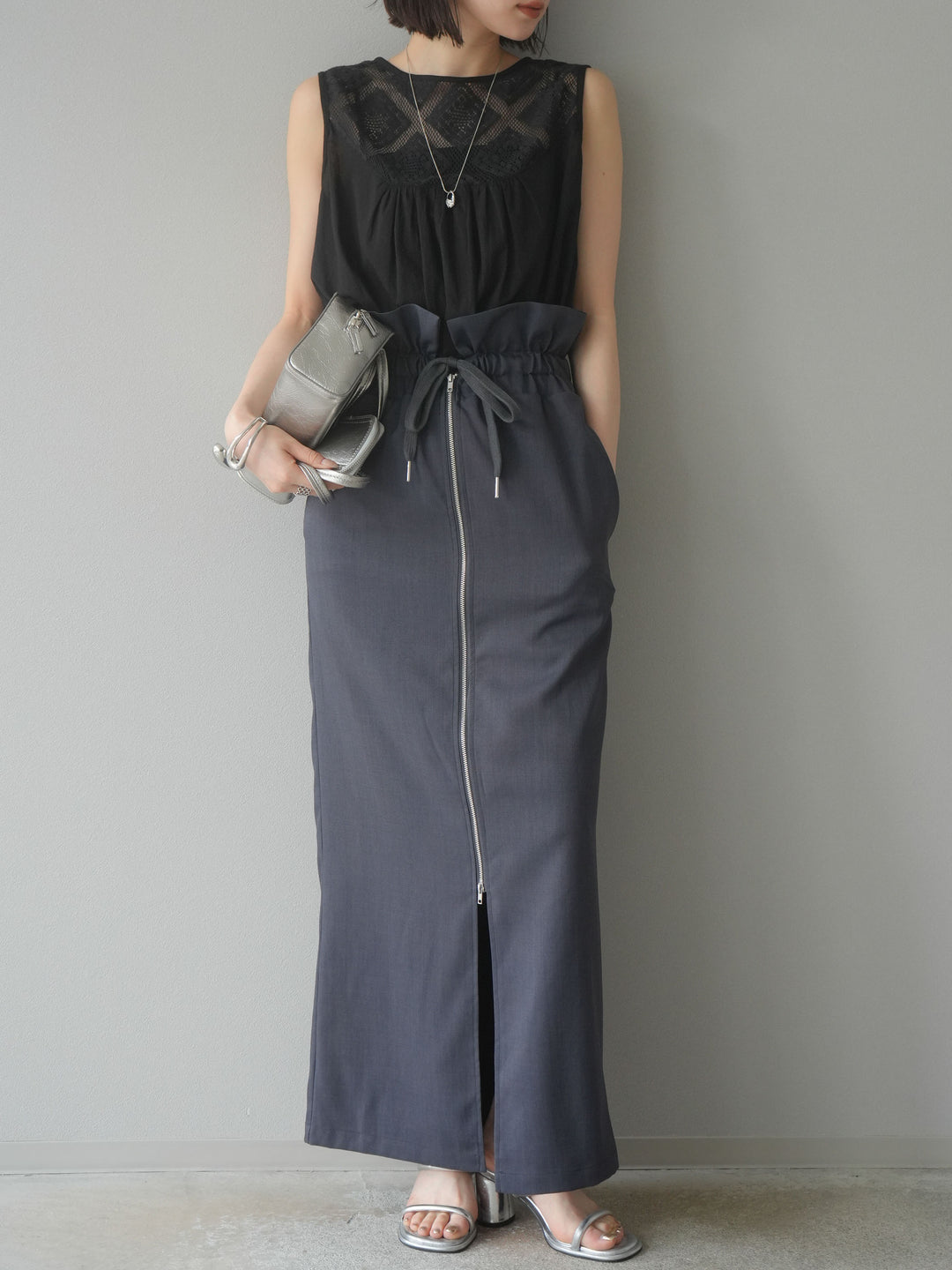 [予約]インド製コットンレース切替ノースリブラウス/ブラック