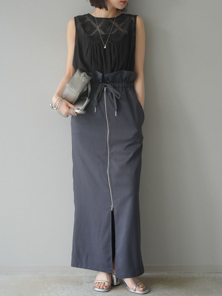 [予約]インド製コットンレース切替ノースリブラウス/ブラック