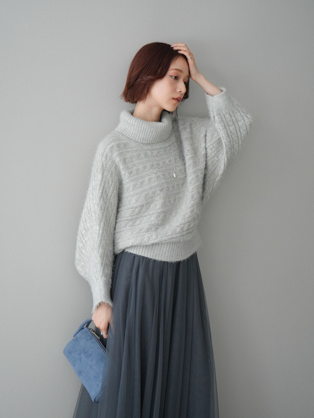 [予約]オフタートルケーブル編みニットプルオーバー/gray