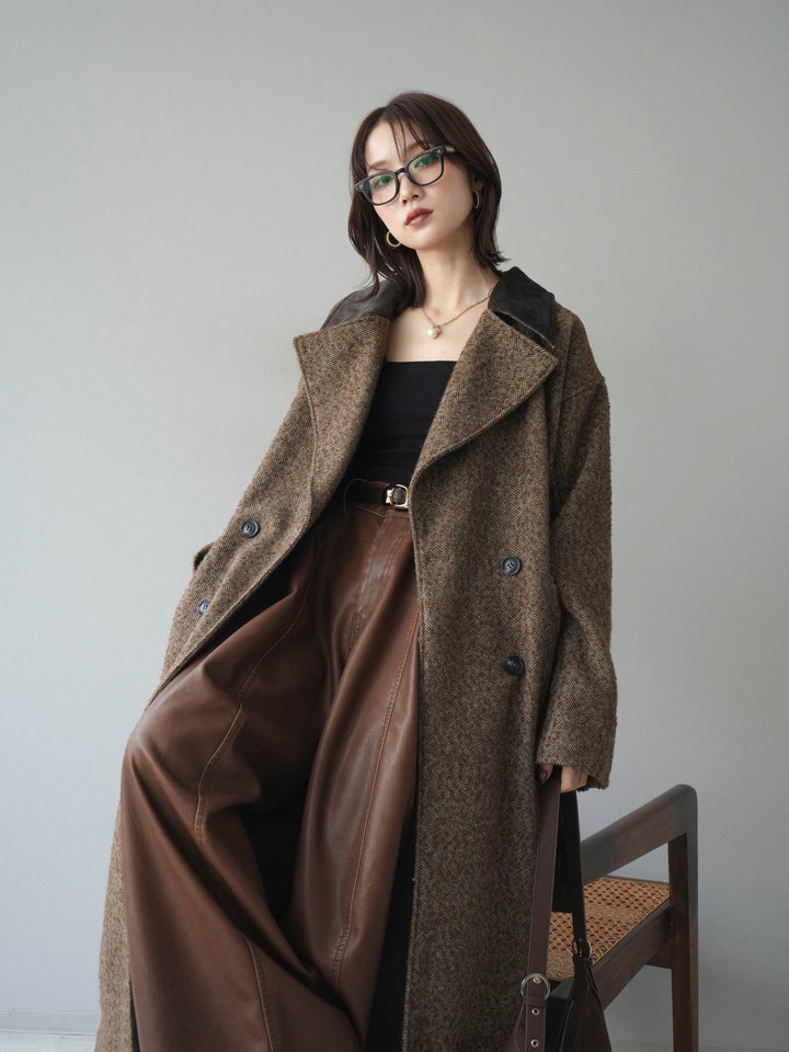 [予約]ネップヘリンボーンレザー襟チェスターコート/brown
