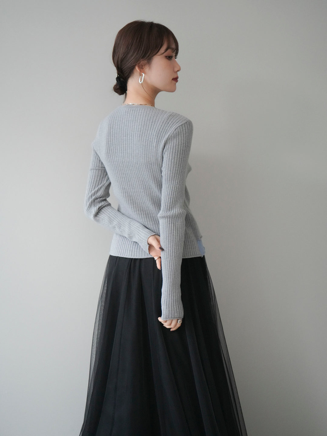 [予約]配色レイヤードリブニットカーディガン/gray