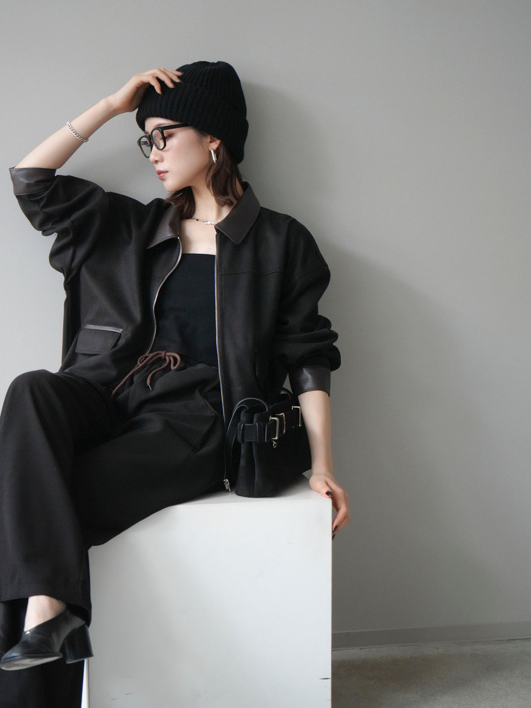 [予約]レザー襟配色パイピングブルゾン/black