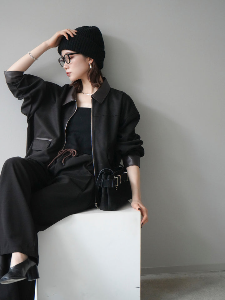 [予約]レザー襟配色パイピングブルゾン/black