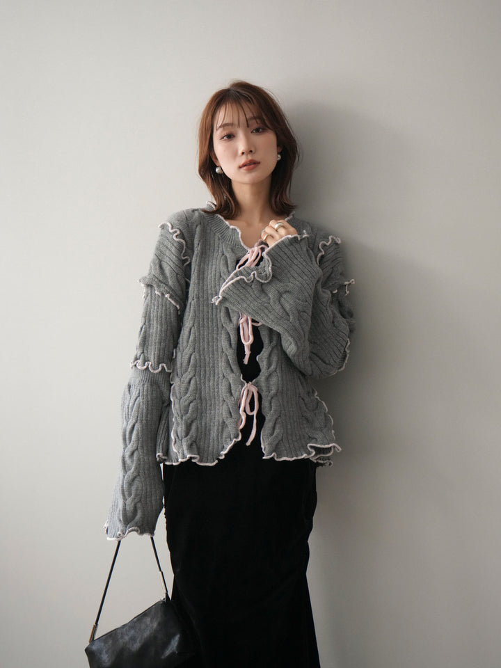 [SET]フロントリボン配色メローニットカーディガン+選べるアクセセット(2set)