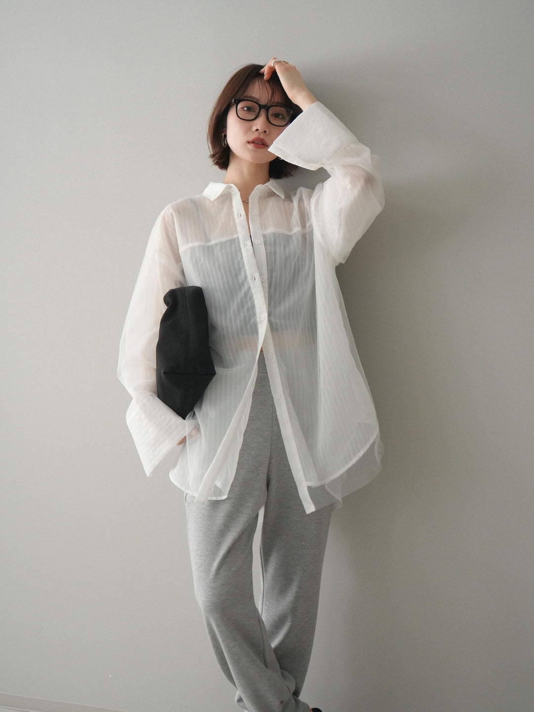 [予約]チュールレイヤードストライプシアーシャツ/offwhite
