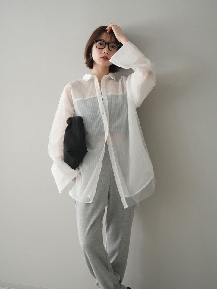 [予約]チュールレイヤードストライプシアーシャツ/offwhite