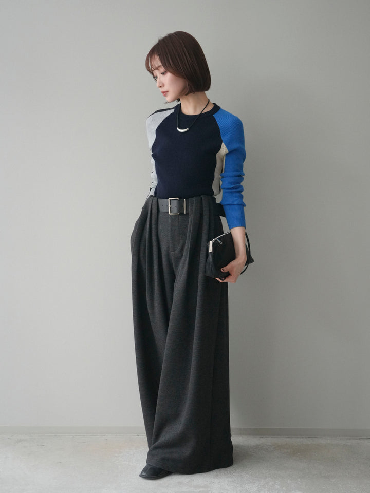 [SET]バイカラーラグランニットトップス+ベルトデザインループウールワイドパンツ(ベルト付)(2set)