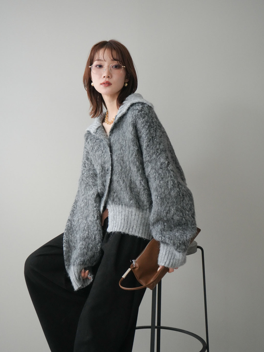 [予約]リブ切替メランジニットカーディガン/charcoal