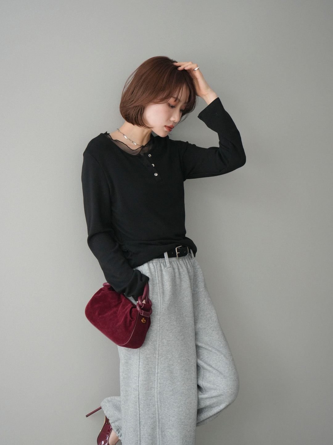 [予約]チュールレイヤードヘンリーネックカットソー/black