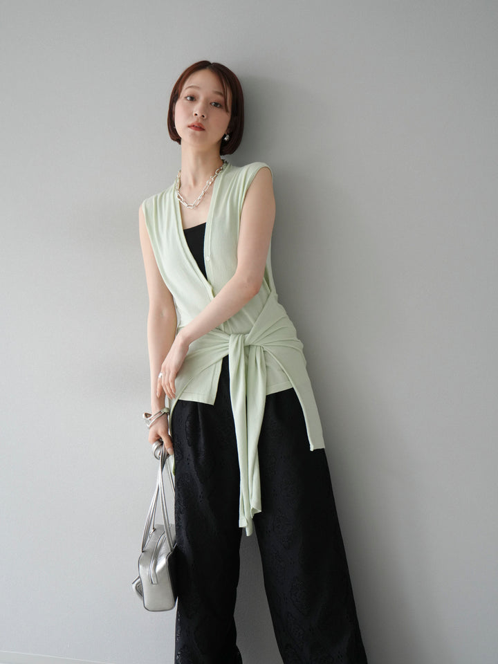 [SET]腰巻きデザインノースリーブニットカーディガン+レースタックイージーパンツ(2set)