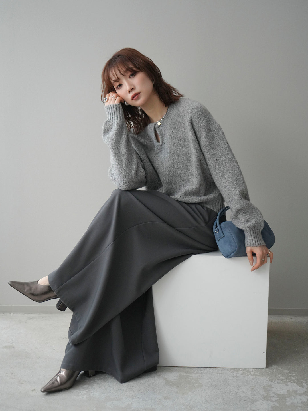 [予約]ツイストネックラメネップヤーンニットプルオーバー/gray