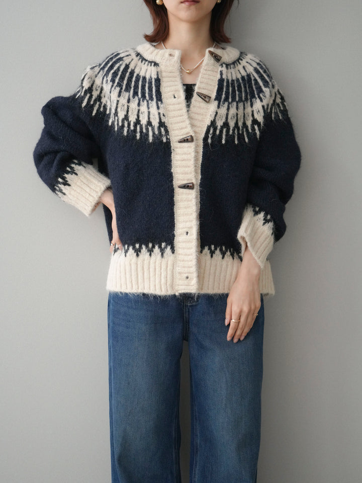 [SET]トグルボタン求心柄ニットカーディガン+裏起毛裾フリンジワイドデニムパンツ(2set)