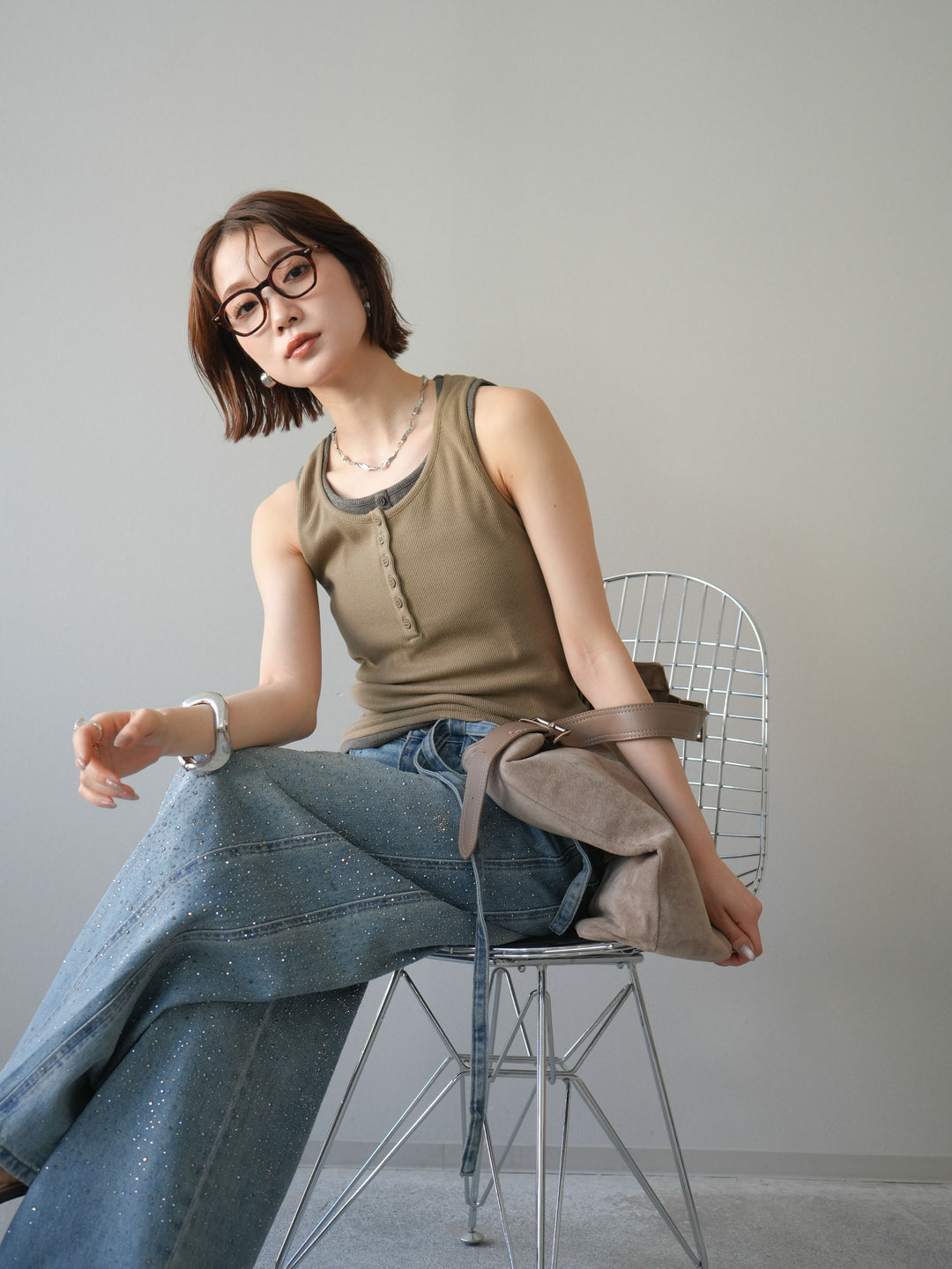 [SET]配色リブヘンリータンクトップ+ウエストベルトビジューワイドデニムパンツ(2set)