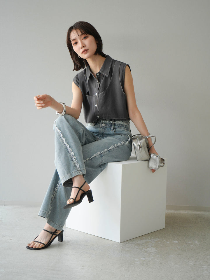 [預訂] 縫合透視多層設計襯衫/炭灰色