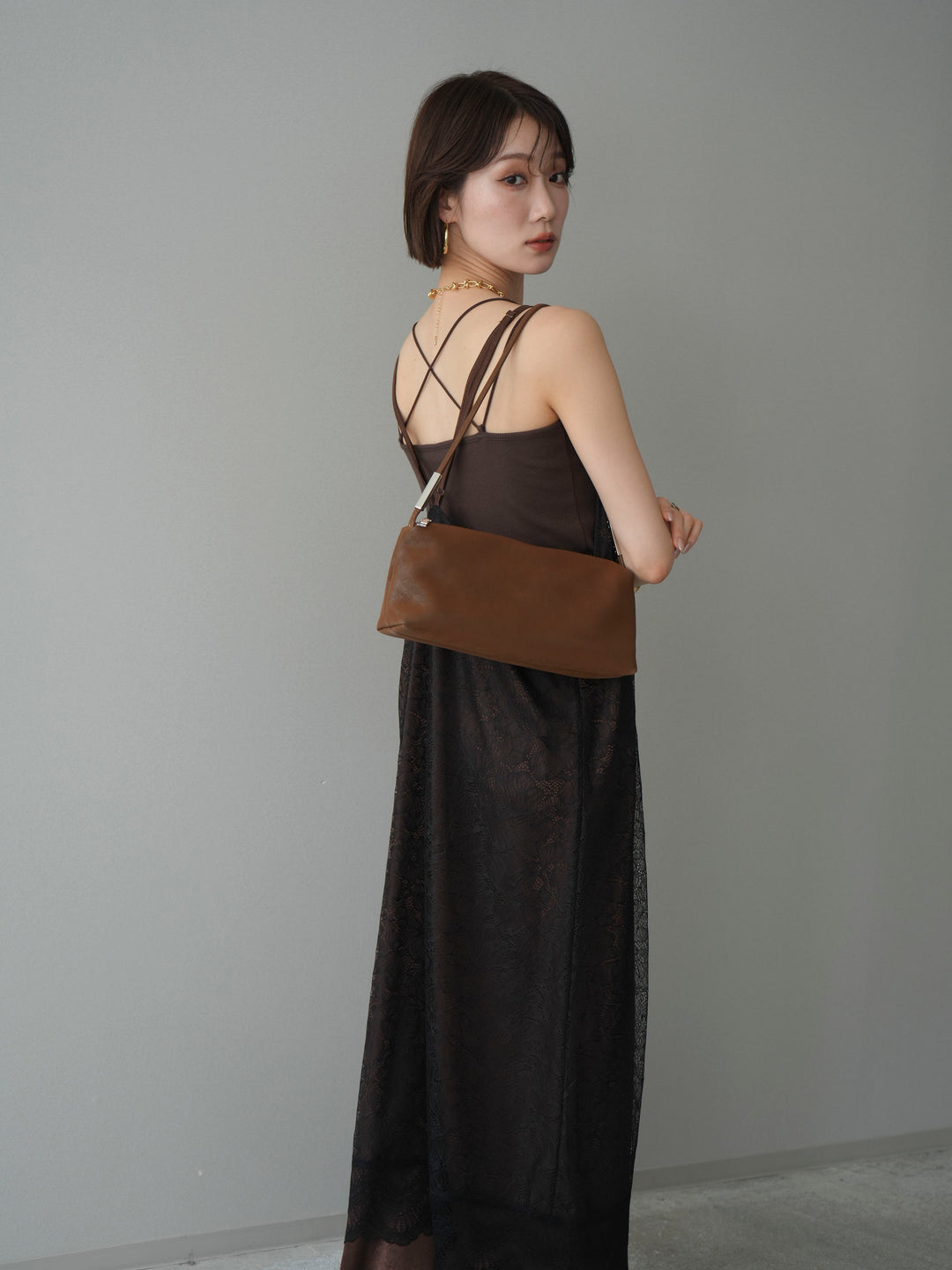 [予約]サテンレースレイヤードキャミワンピース/brown