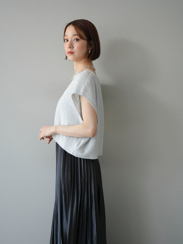 [SET]ネップヤーンクロップドニットベスト+サテンプリーツマキシスカート(2set)