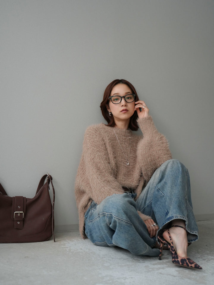 [SET]ボリュームスリーブシャギー MIXニットプルオーバー+ベルト付カーブデニムパンツ(2set)