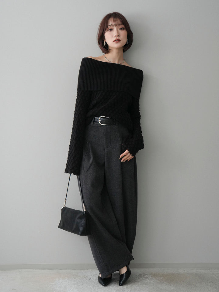 [SET]ポコポコ編みオフショルニットプルオーバー+ベルト付起毛コクーンパンツ(2set)