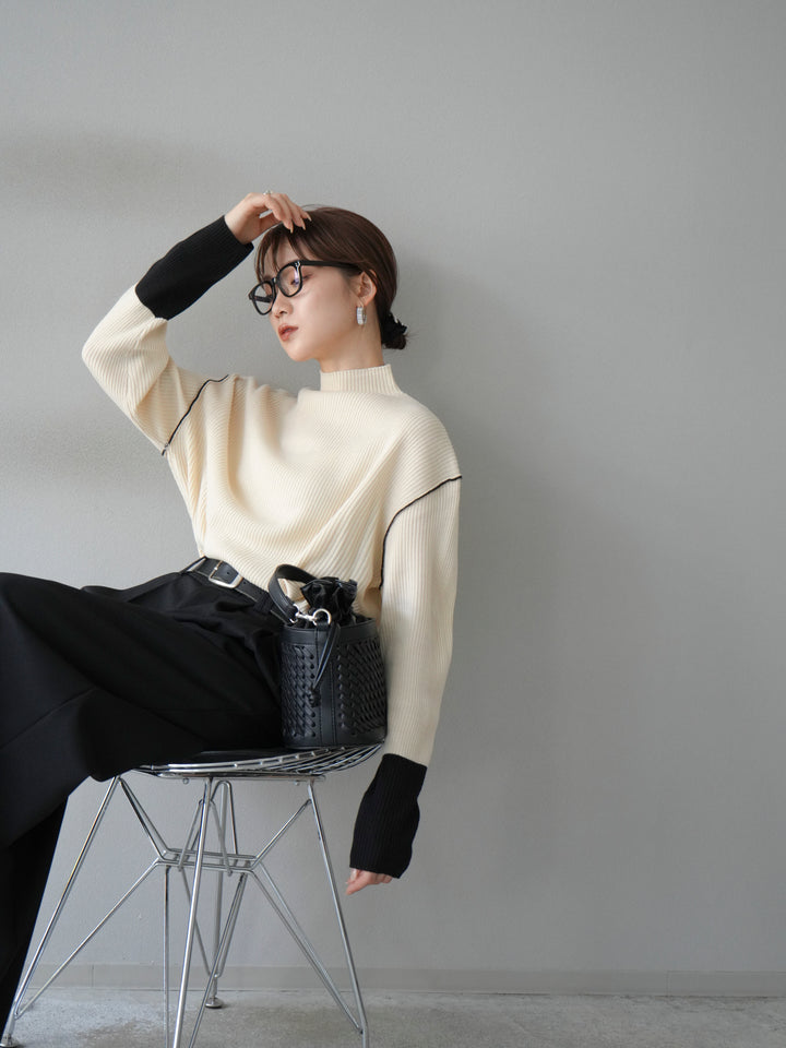 [予約]ボトルネック配色リブニットプルオーバー/エクリュ×ブラック