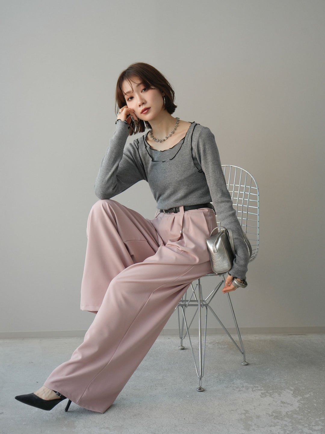 [予約]バイカラーメローアンサンブルシアーニットトップス/gray