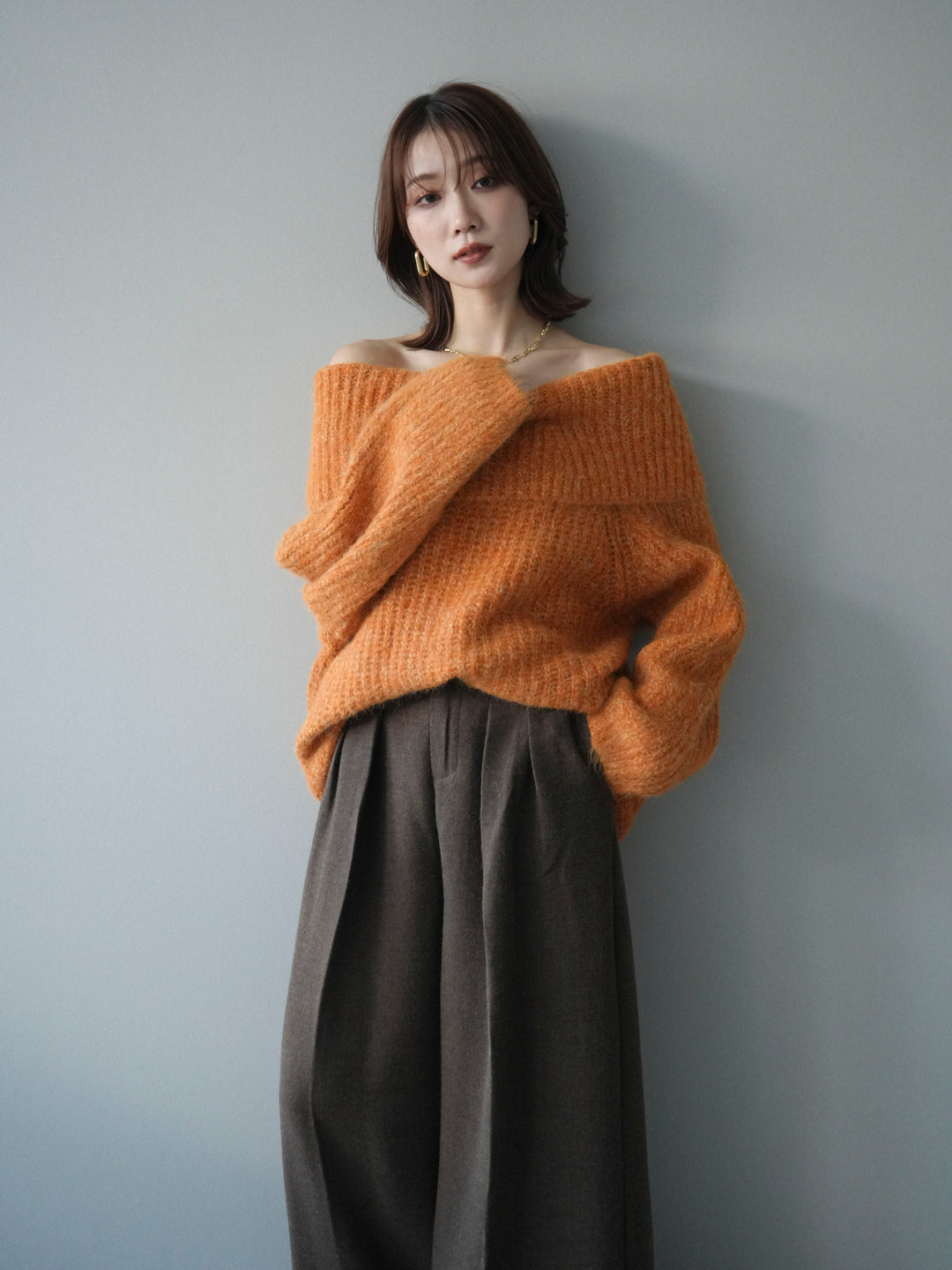 [予約]オフショルミックスニットプルオーバー/orange