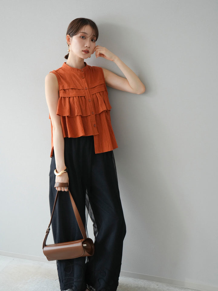 [SET]ドビーストライプアシンメトリーフリルノースリブラウス+コード刺繍チュールレイヤードパンツ+リネンライクイージーワイドパンツ(3set)