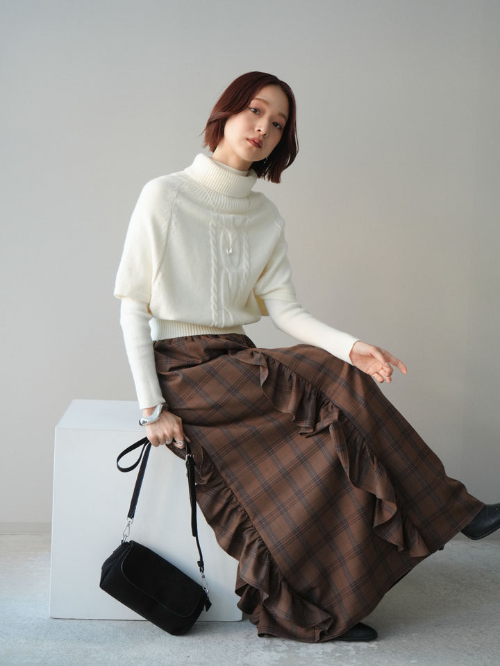 [予約]ケーブル編みタートルハーフスリーブニットアンサンブル/ivory