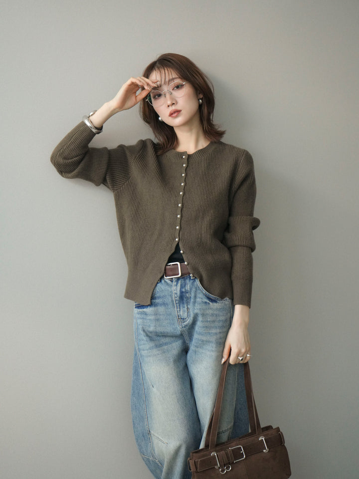 [予約]シルバーボタン畦編みニットカーディガン/brown