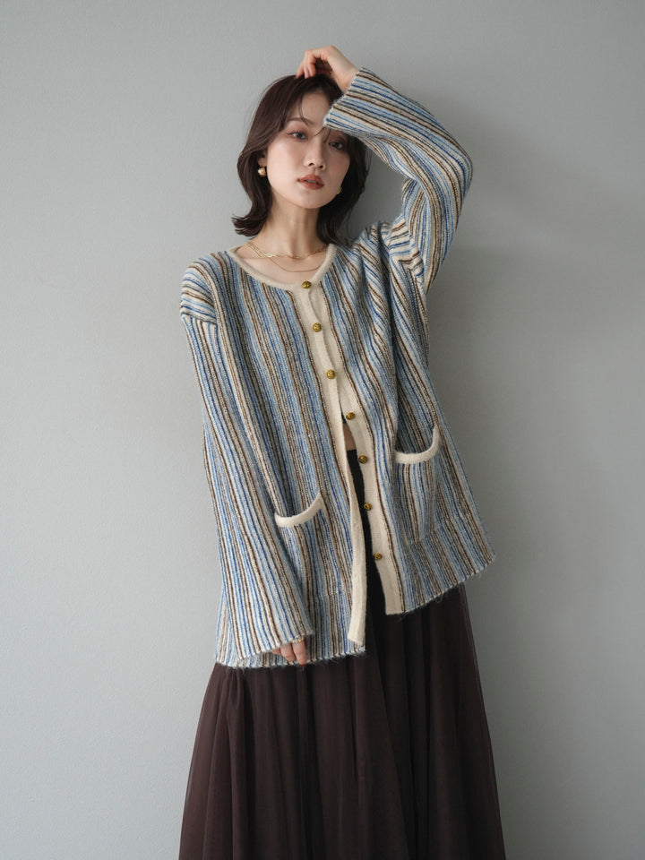 [予約]アンティークボタンストライプニットカーディガン/ivory