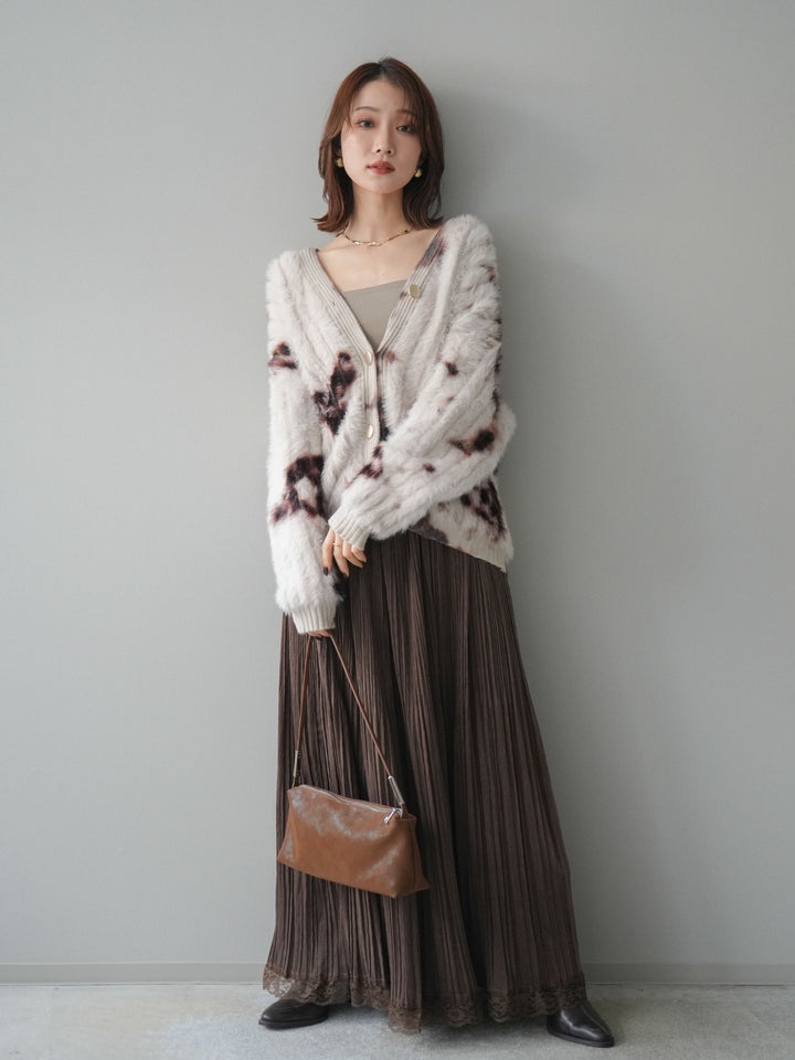 [SET]ニュアンス柄シャギーニットカーディガン+裾レーススウェードプリーツマキシスカート(2set)
