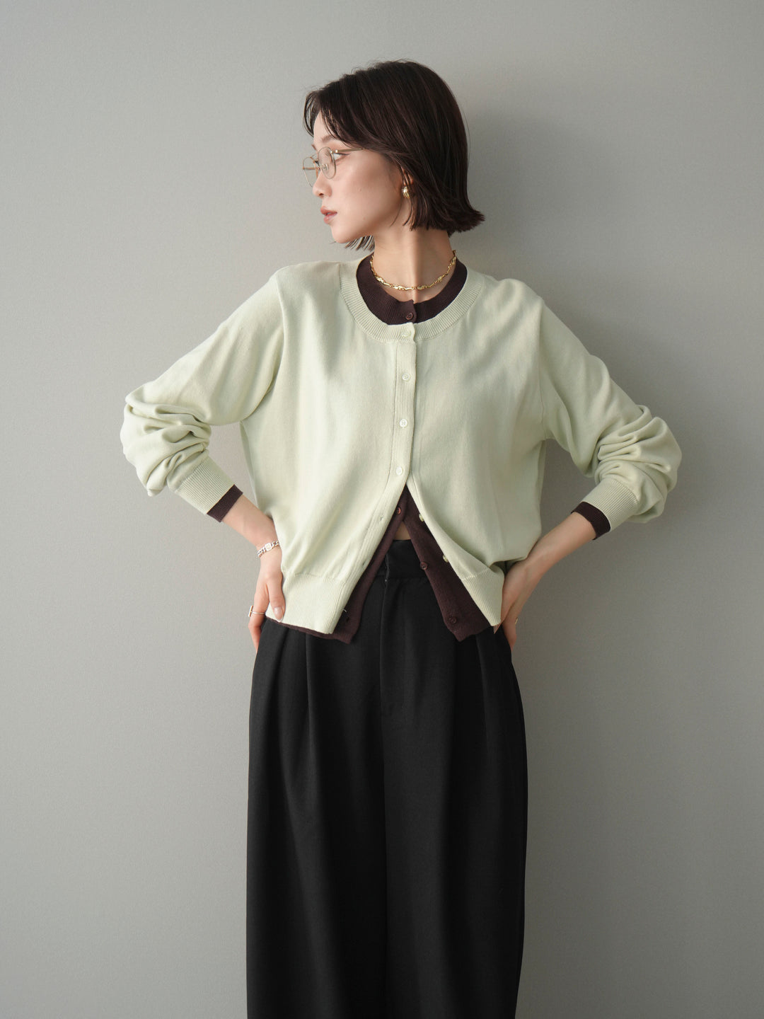 [予約]配色レイヤードコットンアクリルニットカーディガン/mint