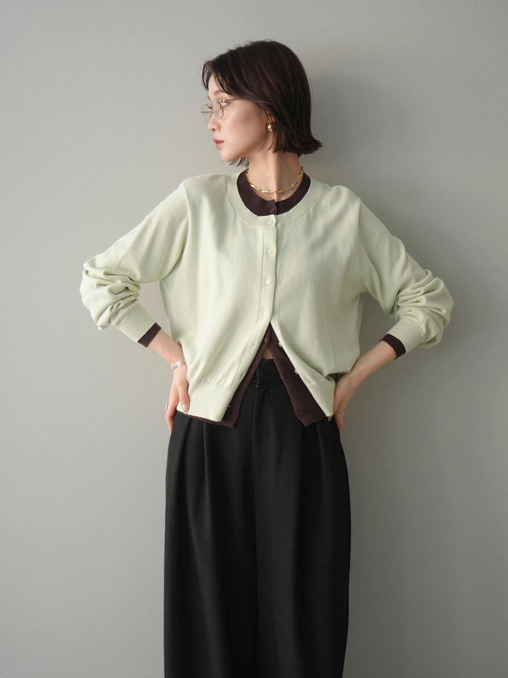 [予約]配色レイヤードコットンアクリルニットカーディガン/mint